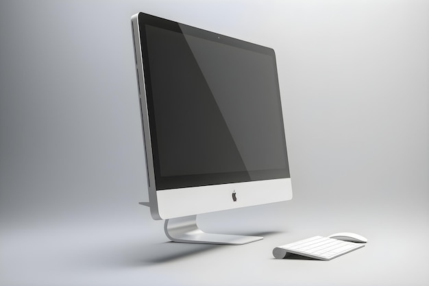 Nowoczesny monitor komputerowy z klawiaturą i myszą na szarym tle renderowanie 3D