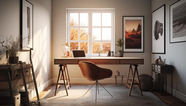 Nowoczesny pokój domowy z wygodnym fotelem i światłem słonecznym generowanym przez AI