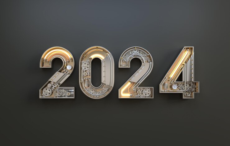 Bezpłatny plik Zdjęcie nowy rok 2024 wykonany z alfabetu mechanicznego z kołami
