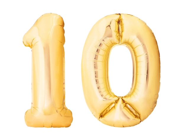 Numer dziesięć ze złotych nadmuchiwanych balonów na białym tle balon z helem numer dziesięć