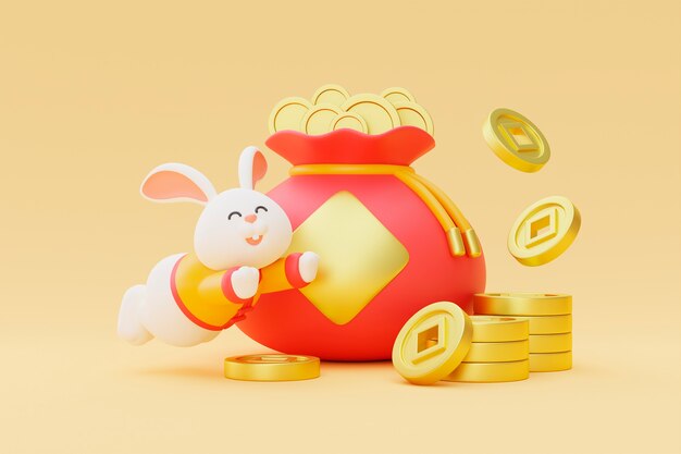Obchody chińskiego nowego roku z królikiem i torbą pieniędzy
