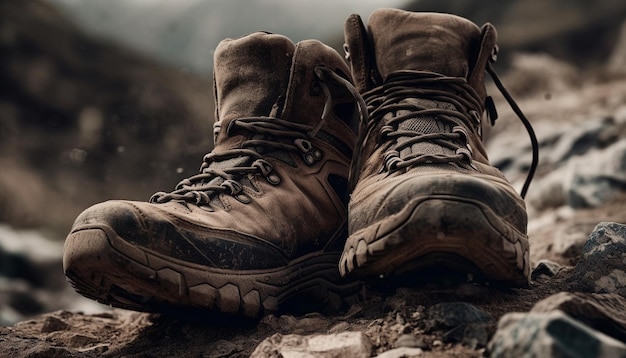 Oblepione błotem skórzane buty trekkingowe wędrują przez naturę generowaną przez sztuczną inteligencję