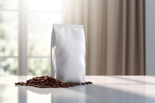 Bezpłatne zdjęcie obraz białej hermetycznej torebki do kawy na eleganckim tle pomieszczenia