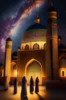 Bezpłatne zdjęcie obraz meczetu z niebieską kopułą i rozgwieżdżonym nocnym niebem.