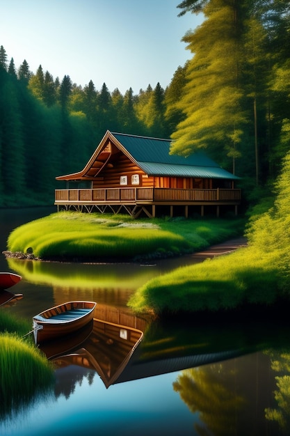 Obraz przedstawiający dom nad jeziorem z łódką na wodzie.