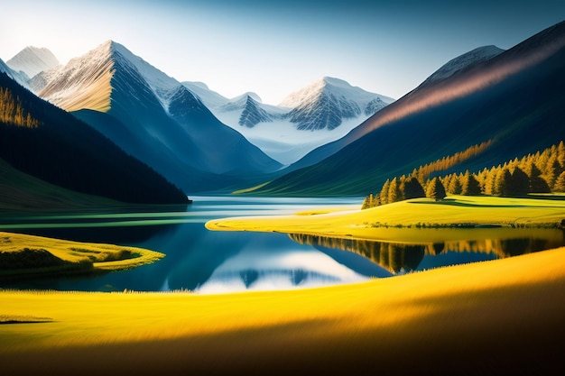 Bezpłatne zdjęcie obraz przedstawiający górskie jezioro z górami w tle
