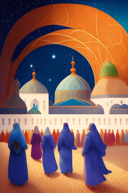 Bezpłatne zdjęcie obraz przedstawiający grupę kobiet przed meczetem.