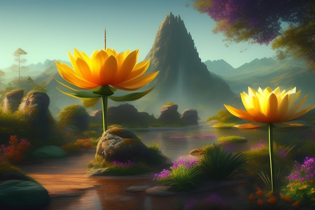 Obraz przedstawiający kwiaty lotosu w jeziorze z górami w tle.