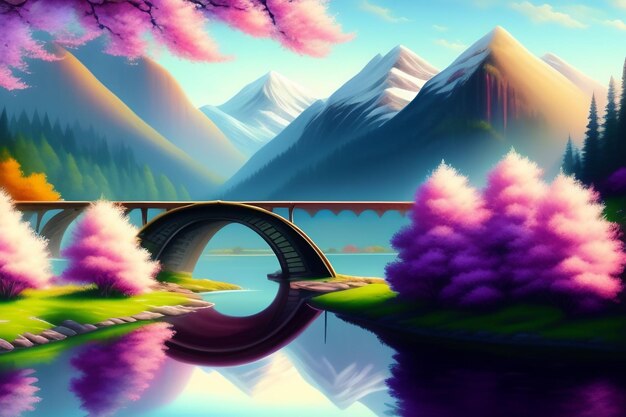 Obraz przedstawiający most nad jeziorem z górami w tle.