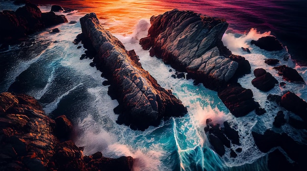 Bezpłatne zdjęcie obraz przedstawiający skały w oceanie z zachodzącym za nimi słońcem.