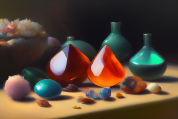 Bezpłatne zdjęcie obraz przedstawiający trzy pomarańczowe i czerwone kawałki szkła z kilkoma innymi kolorowymi przedmiotami.