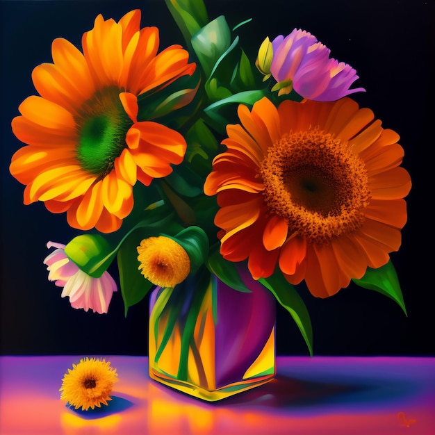 Obraz przedstawiający wazon z kwiatami z żółtym kwiatem pośrodku.