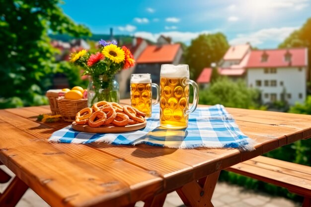 Bezpłatne zdjęcie obraz stołu z jedzeniem i piwem na tle krajobrazu