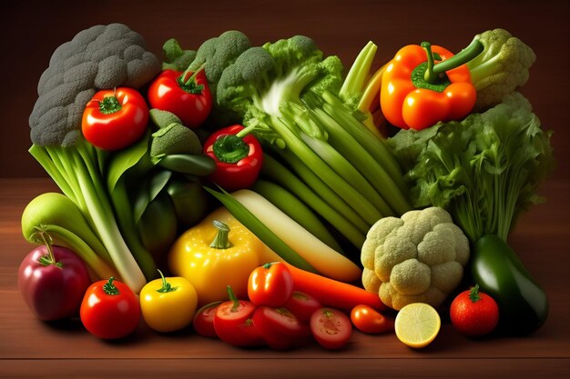 Obraz warzyw i owoców z napisem „warzywa” na dole.