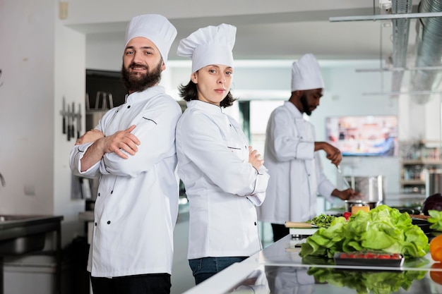 Od tyłu do tyłu eksperci gastronomii stojący w profesjonalnej kuchni restauracji podczas pozowania do kamery. Szefowie kuchni w mundurach kucharskich, stojąc w wykwintnej kuchni ze skrzyżowanymi rękami.