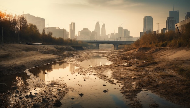 Bezpłatne zdjęcie odbicie drapaczy chmur w pejzażu miejskim wznosi się na miejską panoramę zachodu słońca generowaną przez sztuczną inteligencję