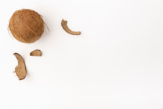 Odgórny widok kokos z skorupy i kopii przestrzenią