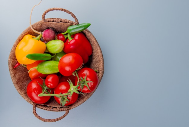 Odgórny widok warzywa jako pieprzowa pomidorowa rzodkiew w koszu na lewej stronie i błękitnym tle z kopii przestrzenią