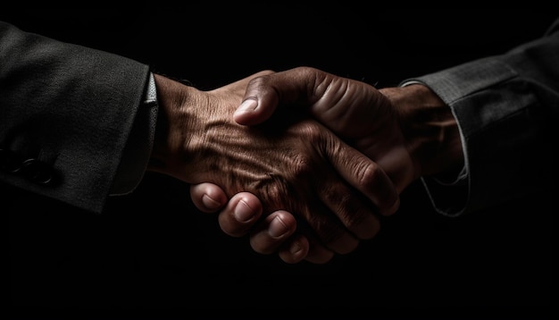 Bezpłatne zdjęcie odnoszący sukcesy biznesmeni pieczętują umowę z mocnym uściskiem dłoni generowanym przez sztuczną inteligencję