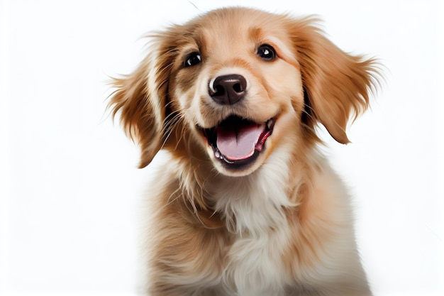 Odosobniony Szczęśliwy Uśmiechający Się Pies Białym Tle Portret 2
