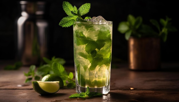 Odświeżający koktajl mojito z liściami mięty, cytrusami i owocami wytworzonymi przez sztuczną inteligencję