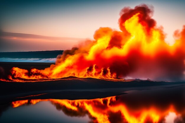 Ogień płonie w wodzie o zachodzie słońca.