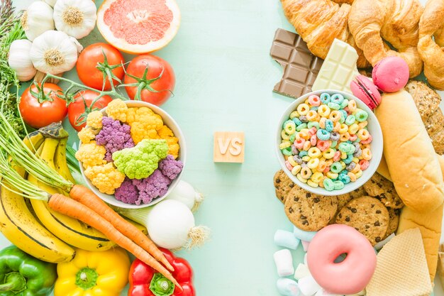 Ogólny widok niezdrowy versus zdrowy jedzenie nad tłem
