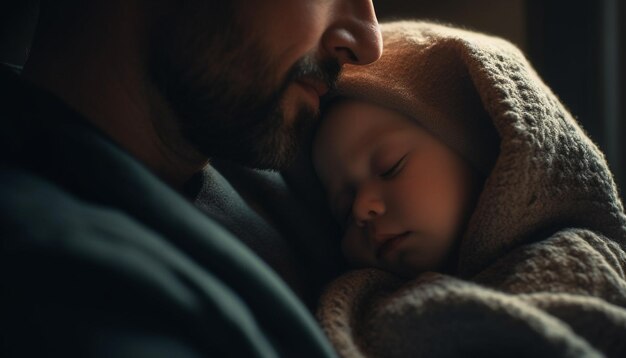 Ojciec i syn śpią spokojnie, a treść jest generowana przez sztuczną inteligencję