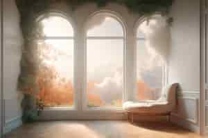 Bezpłatne zdjęcie okno w pokoju z surrealistycznym i mistycznym widokiem