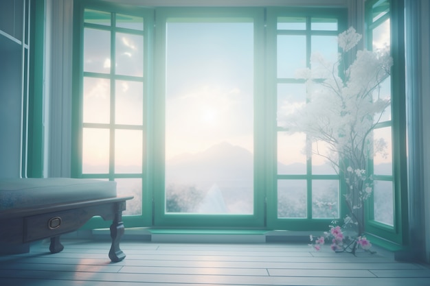 Bezpłatne zdjęcie okno z surrealistycznym i magicznym widokiem na krajobraz