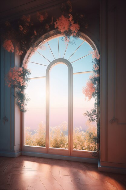 Okno z surrealistycznym i magicznym widokiem na krajobraz