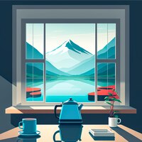Bezpłatne zdjęcie okno z widokiem na góry, filiżanka herbaty i czajniczek na parapecie