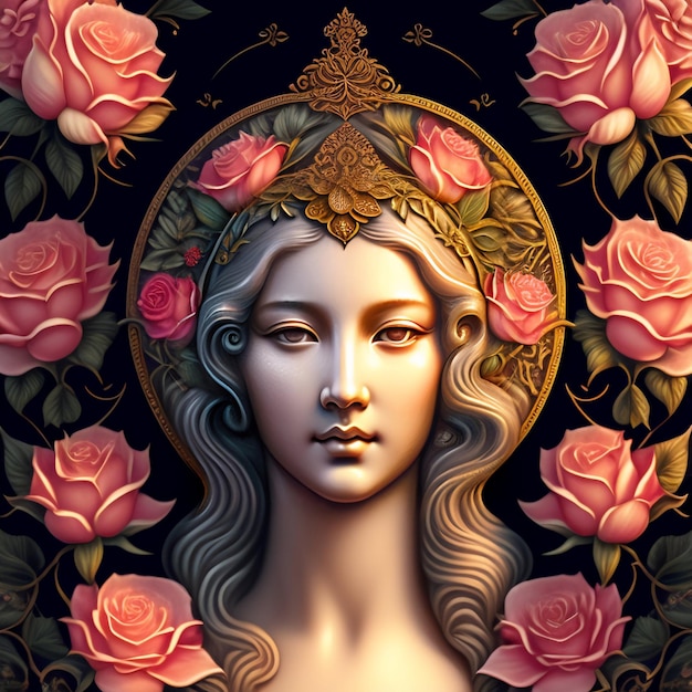 Bezpłatne zdjęcie okrągły talerz z kobiecą twarzą i różami