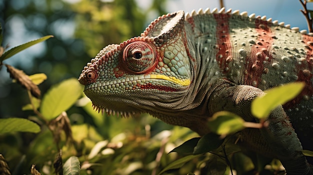 Olbrzymi Kameleon Bezproblemowo łączy Się Ze Swoim Otoczeniem, Przemieszczając Się Przez Gęste Liście