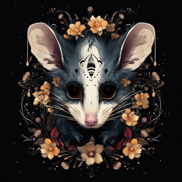 Opossum z kwiatami w studiu