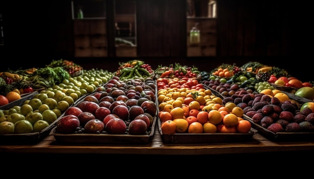 Bezpłatne zdjęcie organiczne owoce i warzywa w kolorowym koszyku generowanym przez ai