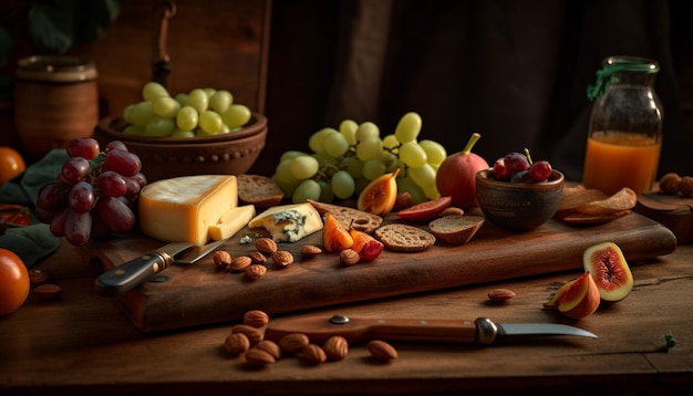 Organiczne winogrona i ser na drewnianym talerzu wygenerowane przez sztuczną inteligencję