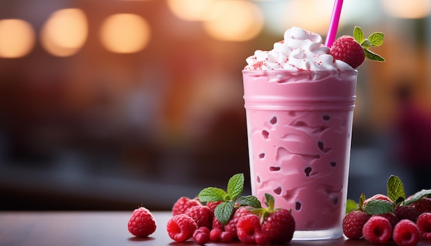 Bezpłatne zdjęcie orzeźwiający letni koktajl mleczny z lodami malinowo-truskawkowymi i czekoladowymi generowany przez sztuczną inteligencję