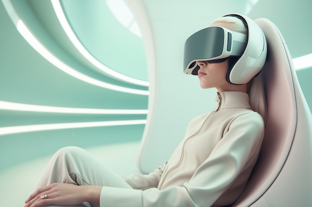 Bezpłatne zdjęcie osoba nosząca futurystyczne wysokiej technologii okulary wirtualnej rzeczywistości