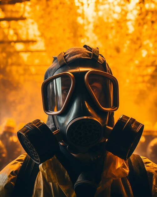 Osoba nosząca hazmat i maskę z apokaliptycznym tłem