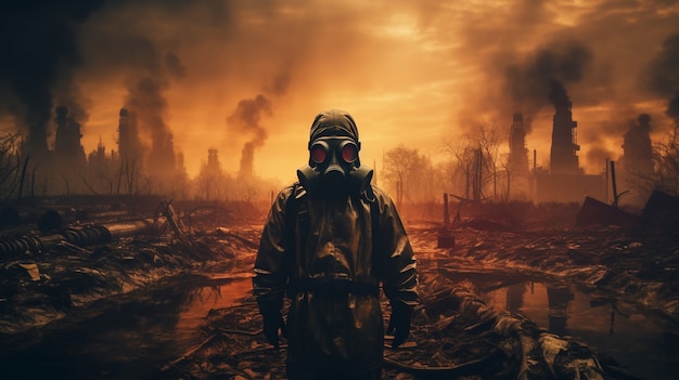 Bezpłatne zdjęcie osoba nosząca hazmat i maskę z apokaliptycznym tłem