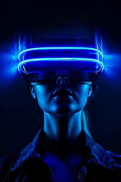 Bezpłatne zdjęcie osoba nosząca wysokiej technologii zestaw słuchawkowy otoczona jasnoniebieskimi kolorami neonu.