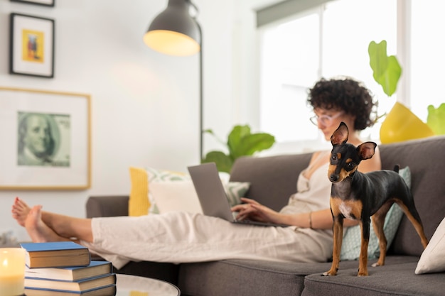 Bezpłatne zdjęcie osoba pracująca w domu z psem