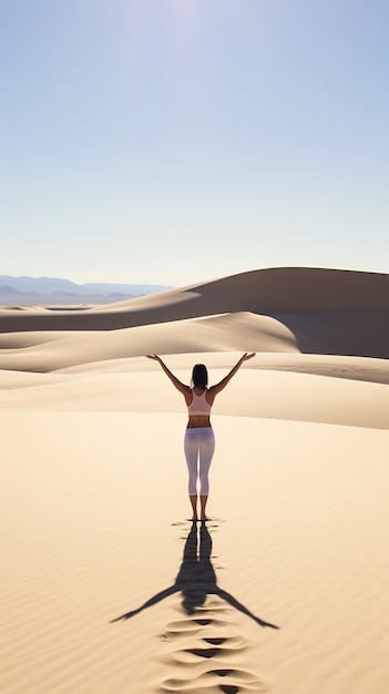Bezpłatne zdjęcie osoba praktykująca medytację jogi na pustyni
