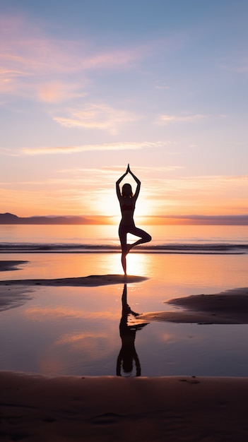 Osoba praktykująca medytację jogi w przyrodzie o zachodzie lub wschodzie słońca