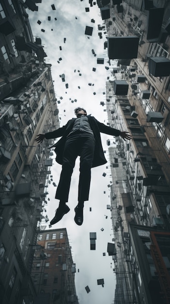 Bezpłatne zdjęcie osoba przeciwstawiająca się prawom fizyki, lewitując w atmosferze