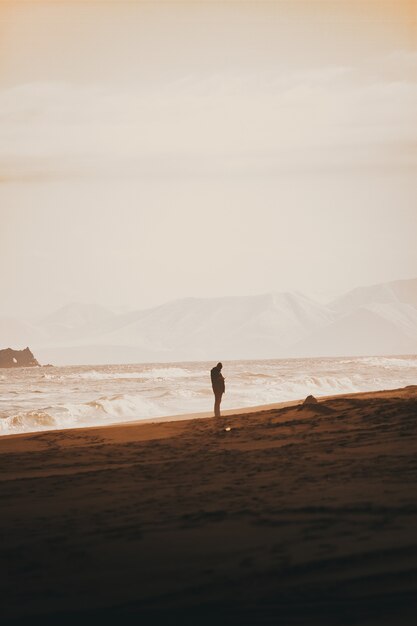 Osoba stojąca na piaszczystej plaży z czystym, białym niebem