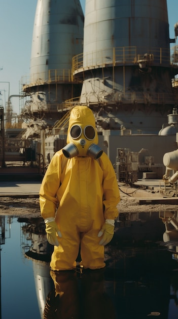 Bezpłatne zdjęcie osoba ubrana w kombinezon ochronny pracująca w elektrowni jądrowej