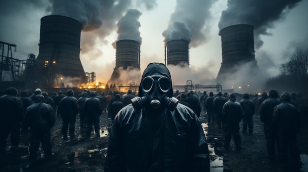 Bezpłatne zdjęcie osoba w hazmacie i masce na zewnątrz elektrowni jądrowej