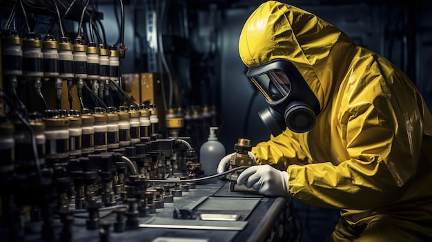 Bezpłatne zdjęcie osoba w kombinezonie ochronnym pracująca w elektrowni jądrowej